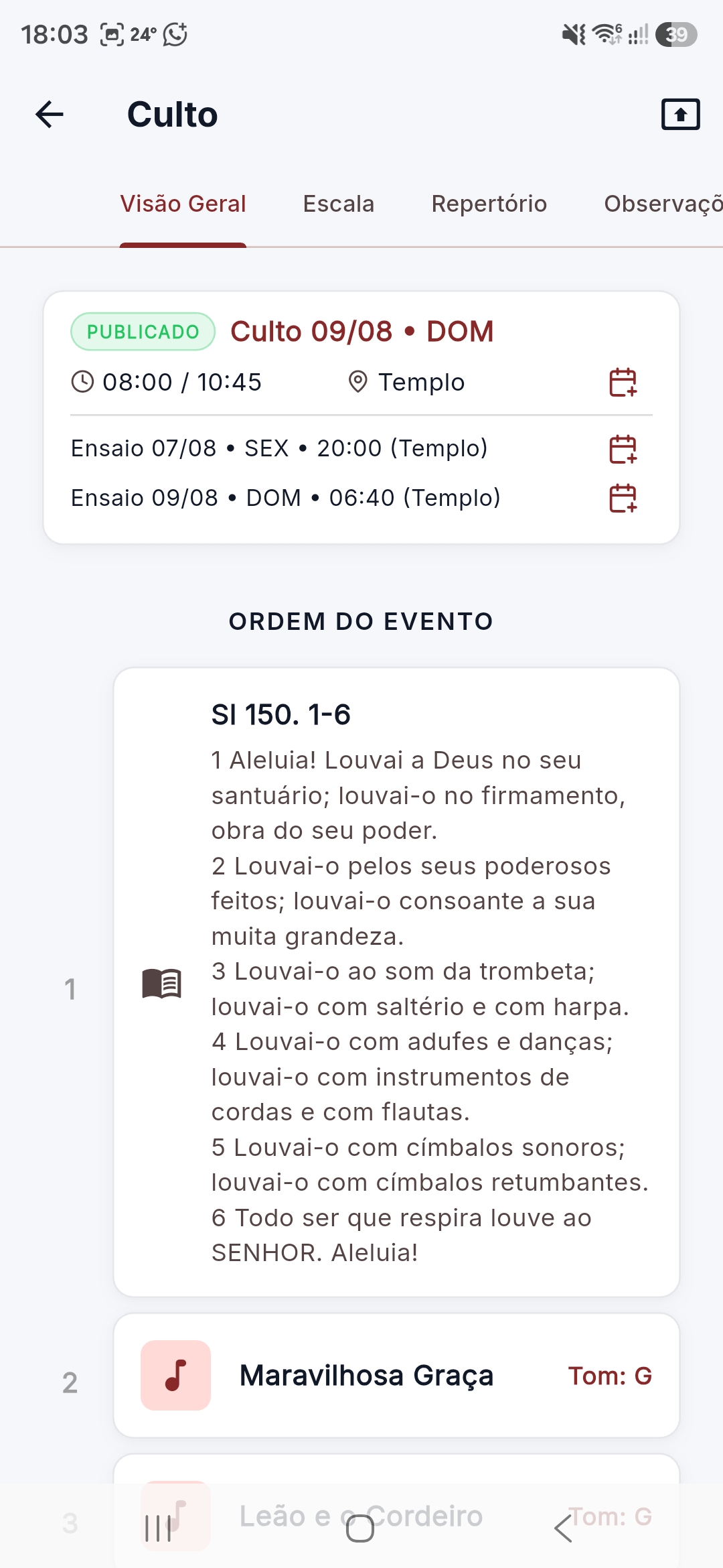 Ordem do culto — primeira parte