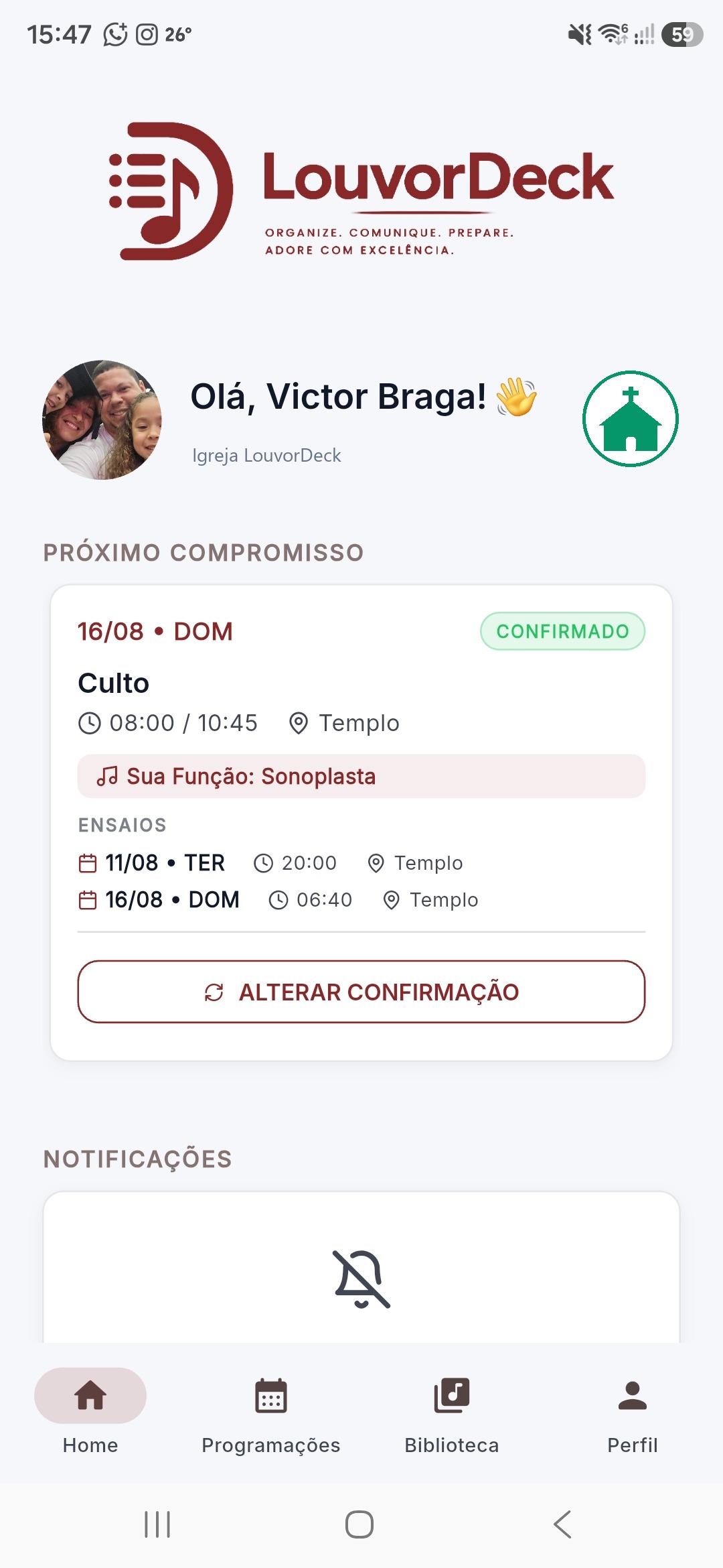 Tela inicial do LouvorDeck com próximo compromisso confirmado