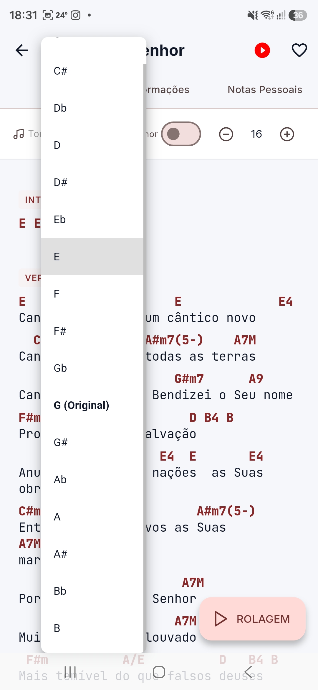 Mesma cifra transposta para o tom E